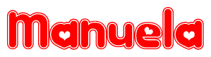 The image is a red and white graphic with the word Manuela written in a decorative script. Each letter in  is contained within its own outlined bubble-like shape. Inside each letter, there is a white heart symbol.