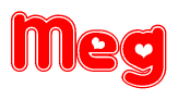 The image displays the word Meg written in a stylized red font with hearts inside the letters.