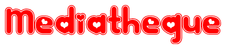 The image is a clipart featuring the word Mediatheque written in a stylized font with a heart shape replacing inserted into the center of each letter. The color scheme of the text and hearts is red with a light outline.