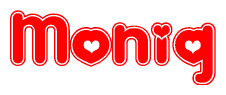 The image displays the word Moniq written in a stylized red font with hearts inside the letters.