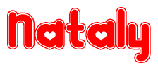 The image is a red and white graphic with the word Nataly written in a decorative script. Each letter in  is contained within its own outlined bubble-like shape. Inside each letter, there is a white heart symbol.