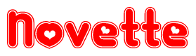   The image is a clipart featuring the word Novette written in a stylized font with a heart shape replacing inserted into the center of each letter. The color scheme of the text and hearts is red with a light outline. 