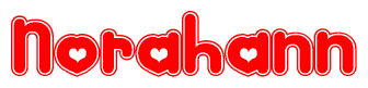 The image is a red and white graphic with the word Norahann written in a decorative script. Each letter in  is contained within its own outlined bubble-like shape. Inside each letter, there is a white heart symbol.