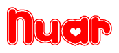 The image is a clipart featuring the word Nuar written in a stylized font with a heart shape replacing inserted into the center of each letter. The color scheme of the text and hearts is red with a light outline.