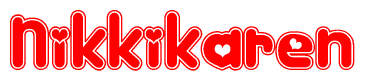 The image is a red and white graphic with the word Nikkikaren written in a decorative script. Each letter in  is contained within its own outlined bubble-like shape. Inside each letter, there is a white heart symbol.