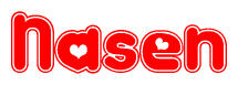 The image is a red and white graphic with the word Nasen written in a decorative script. Each letter in  is contained within its own outlined bubble-like shape. Inside each letter, there is a white heart symbol.