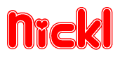 The image is a red and white graphic with the word Nickl written in a decorative script. Each letter in  is contained within its own outlined bubble-like shape. Inside each letter, there is a white heart symbol.