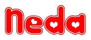 The image is a clipart featuring the word Neda written in a stylized font with a heart shape replacing inserted into the center of each letter. The color scheme of the text and hearts is red with a light outline.