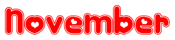 The image displays the word November written in a stylized red font with hearts inside the letters.