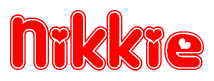The image is a red and white graphic with the word Nikkie written in a decorative script. Each letter in  is contained within its own outlined bubble-like shape. Inside each letter, there is a white heart symbol.