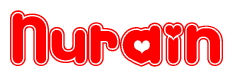 The image is a clipart featuring the word Nurain written in a stylized font with a heart shape replacing inserted into the center of each letter. The color scheme of the text and hearts is red with a light outline.