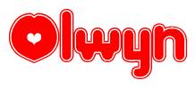 The image is a clipart featuring the word Olwyn written in a stylized font with a heart shape replacing inserted into the center of each letter. The color scheme of the text and hearts is red with a light outline.