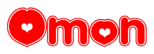 The image is a red and white graphic with the word Omon written in a decorative script. Each letter in  is contained within its own outlined bubble-like shape. Inside each letter, there is a white heart symbol.