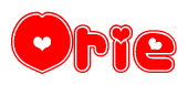 The image is a clipart featuring the word Orie written in a stylized font with a heart shape replacing inserted into the center of each letter. The color scheme of the text and hearts is red with a light outline.