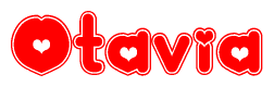 The image is a red and white graphic with the word Otavia written in a decorative script. Each letter in  is contained within its own outlined bubble-like shape. Inside each letter, there is a white heart symbol.