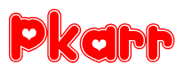 The image is a clipart featuring the word Pkarr written in a stylized font with a heart shape replacing inserted into the center of each letter. The color scheme of the text and hearts is red with a light outline.