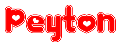 The image is a red and white graphic with the word Peyton written in a decorative script. Each letter in  is contained within its own outlined bubble-like shape. Inside each letter, there is a white heart symbol.
