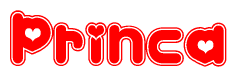 The image is a red and white graphic with the word Princa written in a decorative script. Each letter in  is contained within its own outlined bubble-like shape. Inside each letter, there is a white heart symbol.