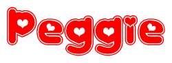 The image is a red and white graphic with the word Peggie written in a decorative script. Each letter in  is contained within its own outlined bubble-like shape. Inside each letter, there is a white heart symbol.