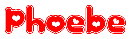 The image is a clipart featuring the word Phoebe written in a stylized font with a heart shape replacing inserted into the center of each letter. The color scheme of the text and hearts is red with a light outline.