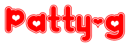 The image is a red and white graphic with the word Patty-g written in a decorative script. Each letter in  is contained within its own outlined bubble-like shape. Inside each letter, there is a white heart symbol.