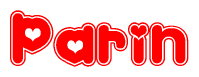 The image is a red and white graphic with the word Parin written in a decorative script. Each letter in  is contained within its own outlined bubble-like shape. Inside each letter, there is a white heart symbol.