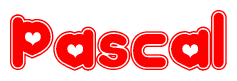 The image is a red and white graphic with the word Pascal written in a decorative script. Each letter in  is contained within its own outlined bubble-like shape. Inside each letter, there is a white heart symbol.