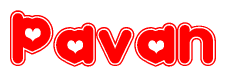 The image is a red and white graphic with the word Pavan written in a decorative script. Each letter in  is contained within its own outlined bubble-like shape. Inside each letter, there is a white heart symbol.