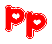 The image is a clipart featuring the word Pp written in a stylized font with a heart shape replacing inserted into the center of each letter. The color scheme of the text and hearts is red with a light outline.