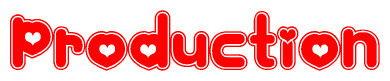 The image is a clipart featuring the word Production written in a stylized font with a heart shape replacing inserted into the center of each letter. The color scheme of the text and hearts is red with a light outline.