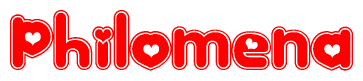 The image displays the word Philomena written in a stylized red font with hearts inside the letters.