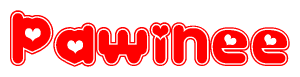 The image is a red and white graphic with the word Pawinee written in a decorative script. Each letter in  is contained within its own outlined bubble-like shape. Inside each letter, there is a white heart symbol.