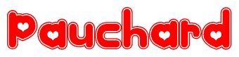 The image is a red and white graphic with the word Pauchard written in a decorative script. Each letter in  is contained within its own outlined bubble-like shape. Inside each letter, there is a white heart symbol.