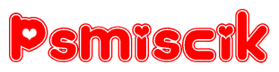 The image is a red and white graphic with the word Psmiscik written in a decorative script. Each letter in  is contained within its own outlined bubble-like shape. Inside each letter, there is a white heart symbol.