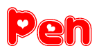 The image is a clipart featuring the word Pen written in a stylized font with a heart shape replacing inserted into the center of each letter. The color scheme of the text and hearts is red with a light outline.