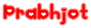 The image is a clipart featuring the word Prabhjot written in a stylized font with a heart shape replacing inserted into the center of each letter. The color scheme of the text and hearts is red with a light outline.