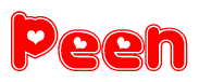 The image displays the word Peen written in a stylized red font with hearts inside the letters.
