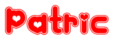 The image is a red and white graphic with the word Patric written in a decorative script. Each letter in  is contained within its own outlined bubble-like shape. Inside each letter, there is a white heart symbol.