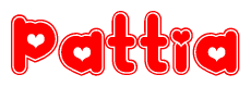 The image is a red and white graphic with the word Pattia written in a decorative script. Each letter in  is contained within its own outlined bubble-like shape. Inside each letter, there is a white heart symbol.