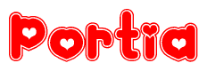 The image displays the word Portia written in a stylized red font with hearts inside the letters.