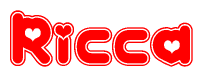 The image is a clipart featuring the word Ricca written in a stylized font with a heart shape replacing inserted into the center of each letter. The color scheme of the text and hearts is red with a light outline.