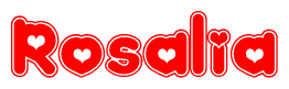 The image is a red and white graphic with the word Rosalia written in a decorative script. Each letter in  is contained within its own outlined bubble-like shape. Inside each letter, there is a white heart symbol.