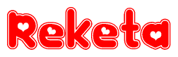 The image is a red and white graphic with the word Reketa written in a decorative script. Each letter in  is contained within its own outlined bubble-like shape. Inside each letter, there is a white heart symbol.