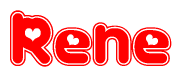 The image is a red and white graphic with the word Rene written in a decorative script. Each letter in  is contained within its own outlined bubble-like shape. Inside each letter, there is a white heart symbol.