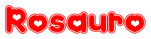 The image is a clipart featuring the word Rosauro written in a stylized font with a heart shape replacing inserted into the center of each letter. The color scheme of the text and hearts is red with a light outline.