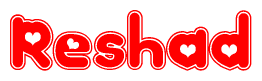 The image is a clipart featuring the word Reshad written in a stylized font with a heart shape replacing inserted into the center of each letter. The color scheme of the text and hearts is red with a light outline.