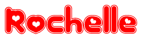 The image is a red and white graphic with the word Rochelle written in a decorative script. Each letter in  is contained within its own outlined bubble-like shape. Inside each letter, there is a white heart symbol.