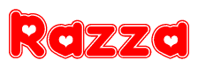 The image is a clipart featuring the word Razza written in a stylized font with a heart shape replacing inserted into the center of each letter. The color scheme of the text and hearts is red with a light outline.
