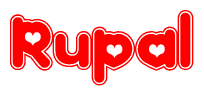 The image is a clipart featuring the word Rupal written in a stylized font with a heart shape replacing inserted into the center of each letter. The color scheme of the text and hearts is red with a light outline.