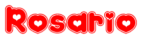 The image is a red and white graphic with the word Rosario written in a decorative script. Each letter in  is contained within its own outlined bubble-like shape. Inside each letter, there is a white heart symbol.